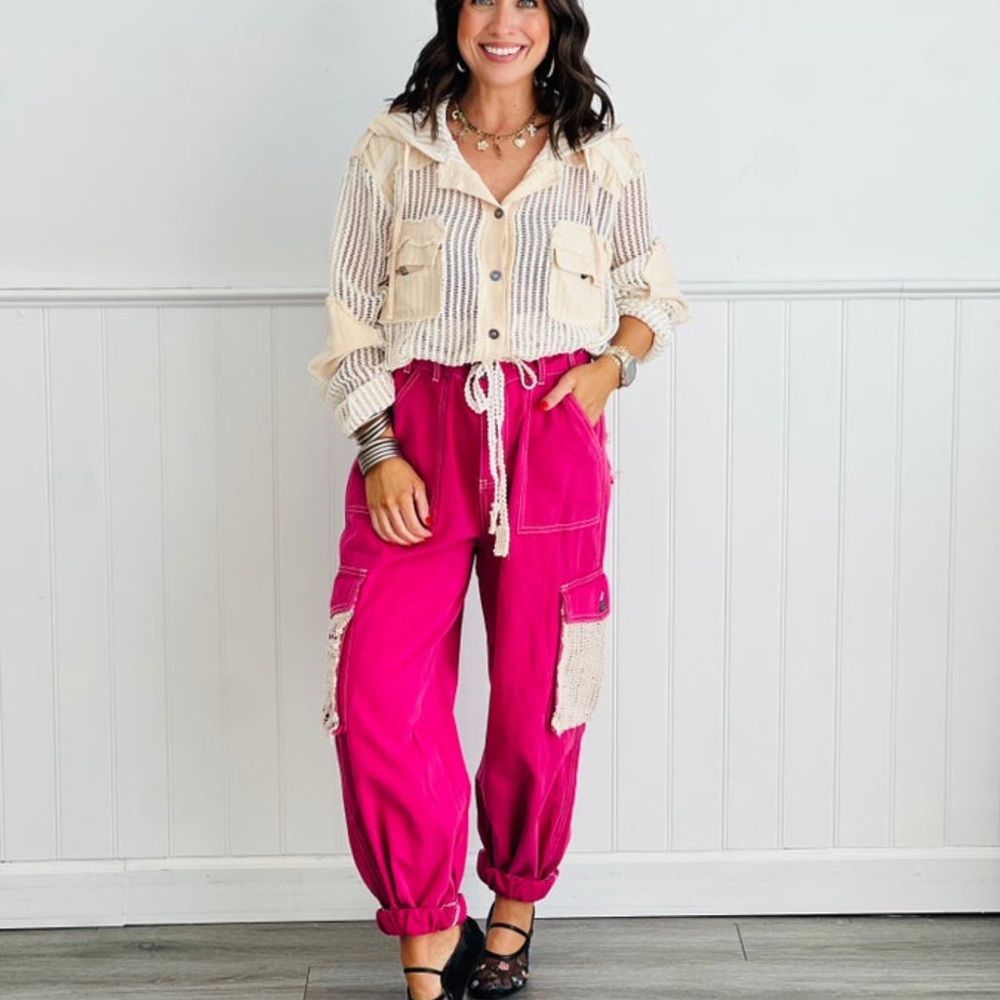POL Fuchsia Drawstring Cargo Joggers with Crochet Pocket - Picture 5 of 6